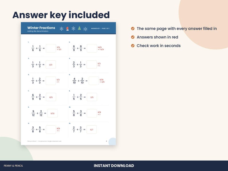 Christmas Adding Fractions Worksheet, 5th Grade Winter Math (PDF Download) imagen 3