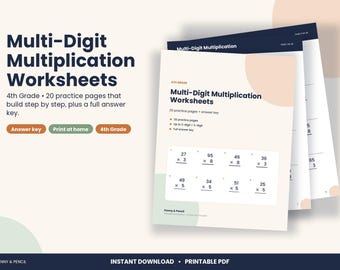 Op de afbeelding: Multi-Digit Multiplication Worksheets voor groep 6 met 20 oefenpagina's en een antwoordsleutel. De printbare PDF-documenten tonen wiskundige opgaven met getallen van twee cijfers op een crèmekleurige achtergrond.