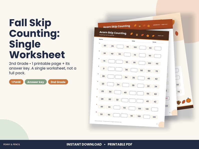 Thanksgiving Skip Counting Worksheet, 2nd Grade Fall Math (PDF Download) image 1