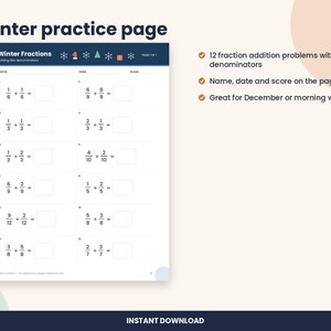 Christmas Adding Fractions Worksheet, 5th Grade Winter Math (PDF Download) imagen 2
