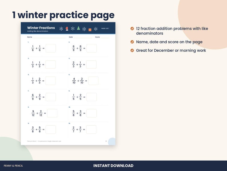 Christmas Adding Fractions Worksheet, 5th Grade Winter Math (PDF Download) imagen 2