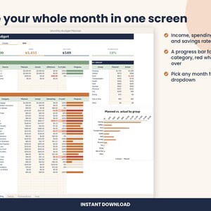 May include: A digital monthly budget planner spreadsheet displayed on a screen. The interface features sections for income, spending, and savings with progress bars, category tables, and a planned versus actual bar chart for financial tracking.