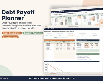 Debt Payoff Planner Spreadsheet, Snowball and Avalanche for Excel & Google Sheets