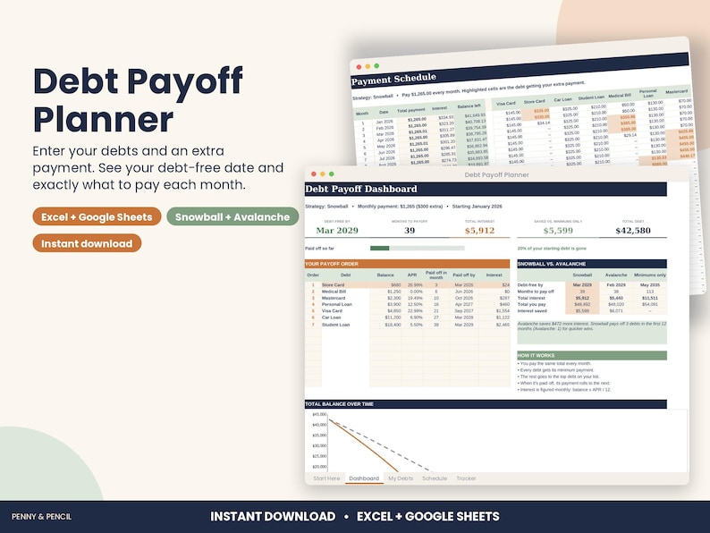Debt Payoff Planner Spreadsheet, Snowball and Avalanche for Excel & Google Sheets image 1