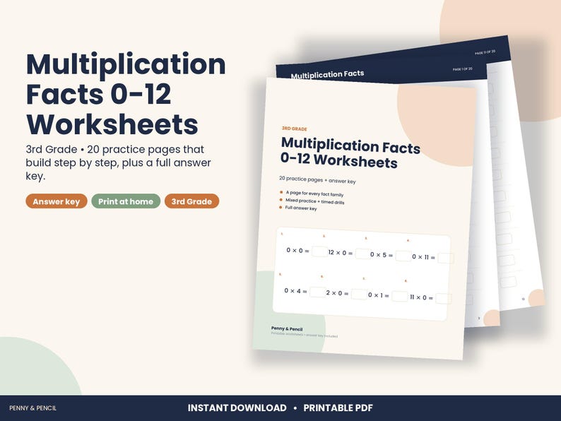 3rd Grade Multiplication Facts 0-12 Worksheets, Times Tables (PDF Download) image 1