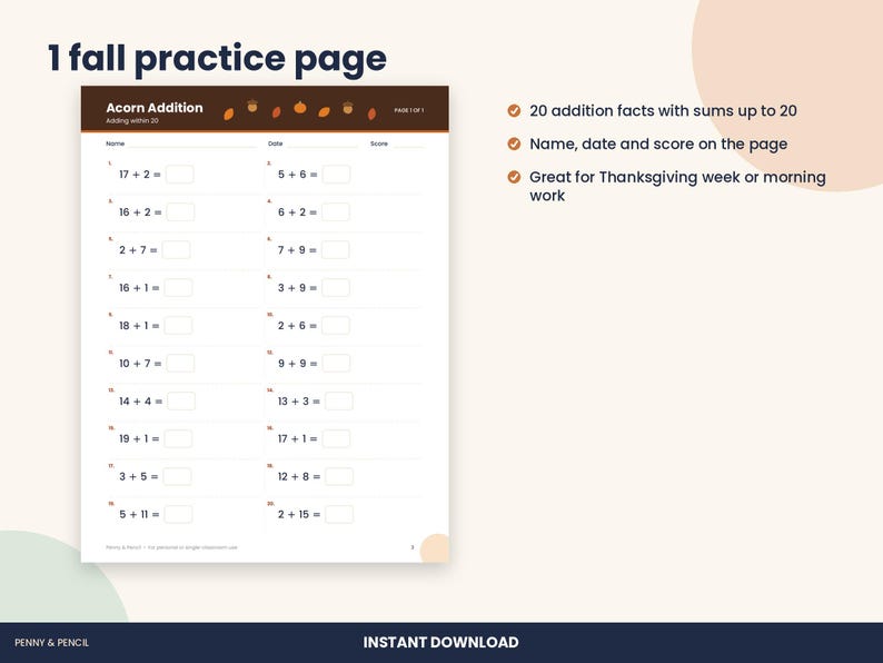 Thanksgiving Addition Within 20 Worksheet, 1st Grade Fall Math (PDF Download) image 2