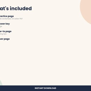 May include: A digital document listing contents including one practice page, an answer key, a how-to page, and a cover page. The text reads What's included, 1 practice page, 2 Answer key, 3 How-to page, 4 Cover page, and Penny & Pencil.