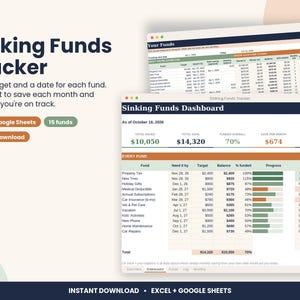 Sinking Funds Tracker Spreadsheet with Progress Bars for Excel & Google Sheets image 1