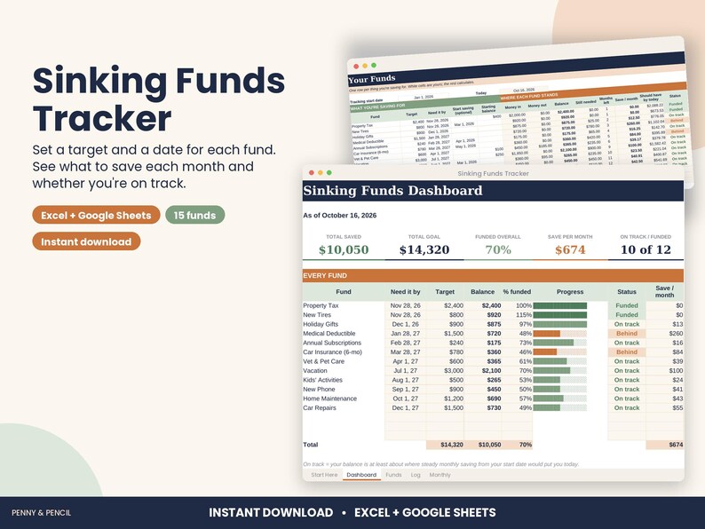 Sinking Funds Tracker Spreadsheet with Progress Bars for Excel & Google Sheets image 1