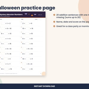 Halloween Missing Addends Worksheet, 1st Grade Within 20 (PDF Download) 画像 2