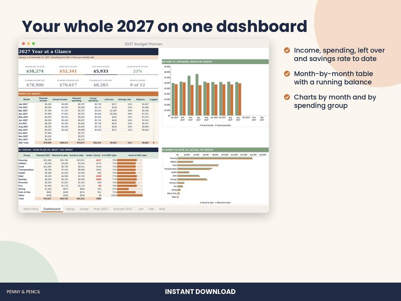 2027 Budget Planner Spreadsheet, Annual Budget with Monthly Tabs for Excel & Google Sheets image 2