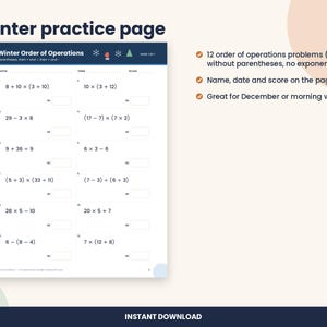 Christmas Order of Operations Worksheet, 5th Grade Winter Math (PDF Download) image 2
