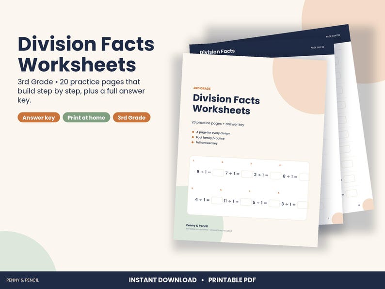 3rd Grade Division Facts Worksheets, 20 Pages with Answer Key (PDF Download) image 1