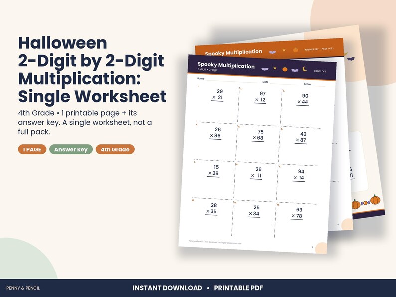Halloween 2-Digit by 2-Digit Multiplication Worksheet, 4th Grade (PDF Download) image 1