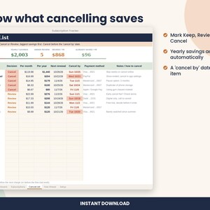 May include: A digital subscription tracker spreadsheet titled Know what cancelling saves. The interface displays a Cancel List with columns for service, decision, costs, renewal dates, and cancellation notes. Features include checkmarks for tracking.