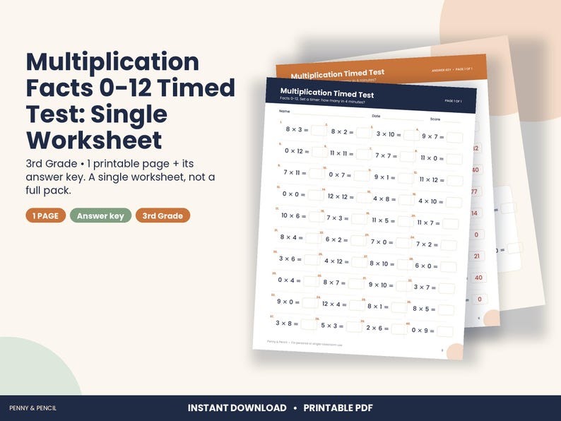 3rd Grade Multiplication Facts 0-12 Timed Test Worksheet (PDF Download) image 1