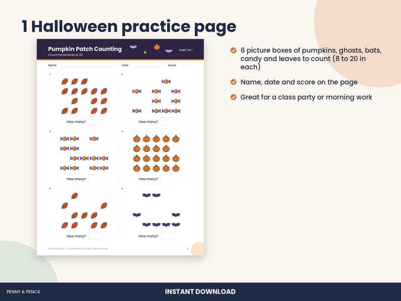 Halloween Counting to 20 Worksheet, Kindergarten Math (PDF Download) imagen 2