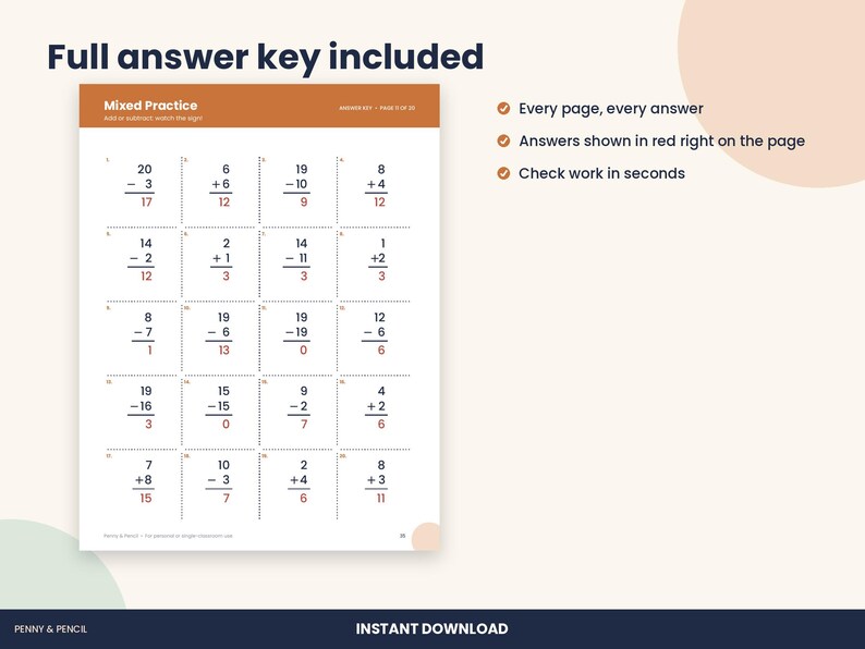 1st Grade Addition and Subtraction Within 20 Worksheets, Answer Key (PDF Download) image 3