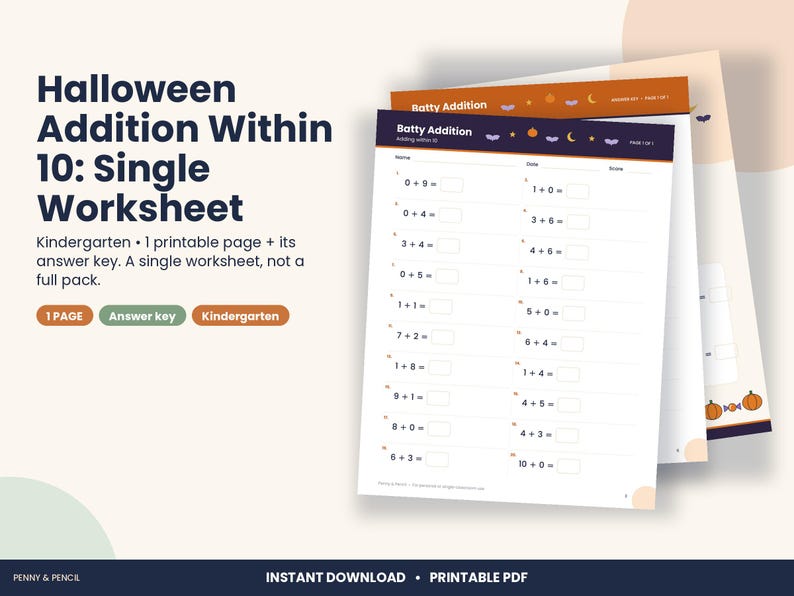 Halloween Addition Within 10 Worksheet, Kindergarten Math (PDF Download) image 1