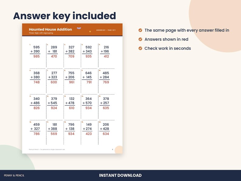May include: A printable worksheet titled Haunted House Addition featuring twenty three-digit addition problems with regrouping. The document includes an answer key with all solutions printed in red ink, organized in a grid format.