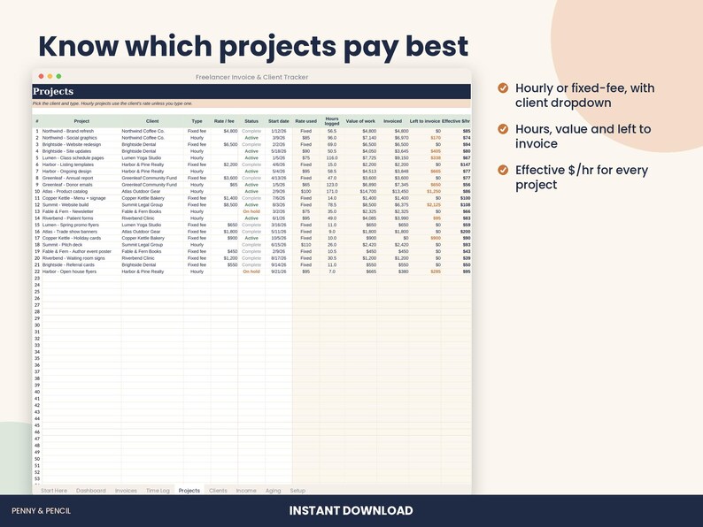 Freelancer Invoice Tracker Spreadsheet, Clients and Time Log for Excel & Google Sheets image 5