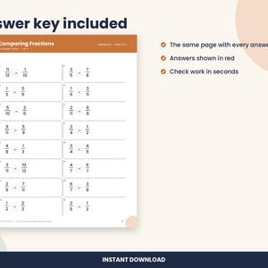 Puede incluir: Una hoja de trabajo educativa blanca titulada Comparing Fractions con un encabezado de color &oacute;xido. La p&aacute;gina presenta diecis&eacute;is problemas matem&aacute;ticos con fracciones y s&iacute;mbolos de comparaci&oacute;n. El texto Answer key included est&aacute; arriba a la izquierda.
