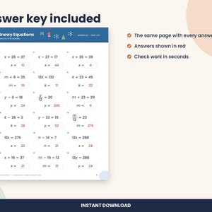 May include: A printable maths worksheet titled Snowy Equations featuring fifteen algebraic problems with variables. The document includes a blue header with snowflake icons and a corresponding answer key with all solutions printed in red ink.