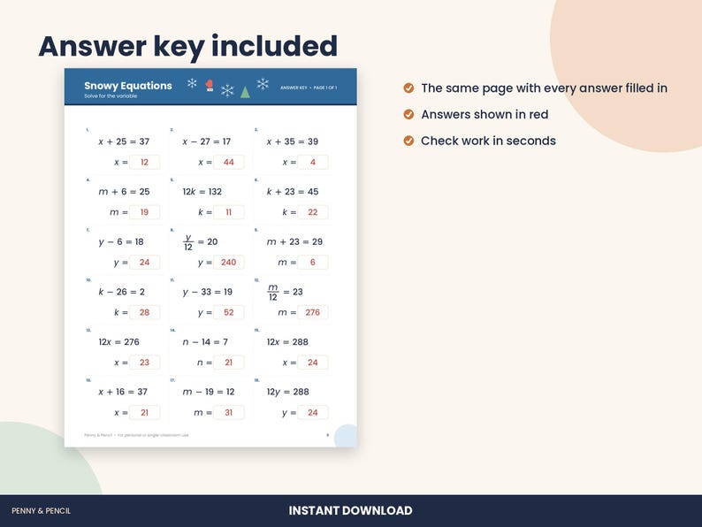May include: A printable maths worksheet titled Snowy Equations featuring fifteen algebraic problems with variables. The document includes a blue header with snowflake icons and a corresponding answer key with all solutions printed in red ink.