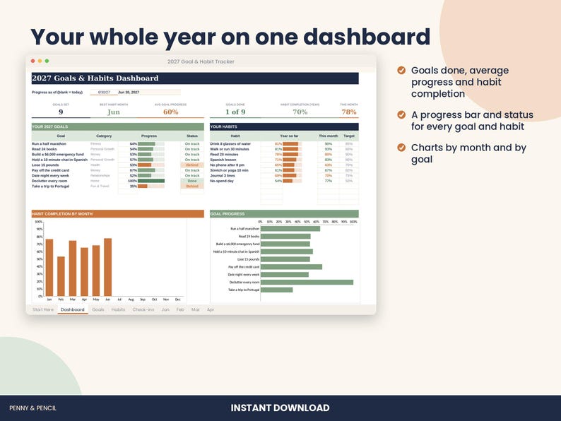 2027 Habit Tracker Spreadsheet, New Year Goal Planner for Excel & Google Sheets image 2