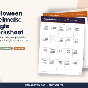Hoja de ejercicios de Halloween sobre decimales, 5.º grado: Suma y resta de centésimas (Descarga en PDF)