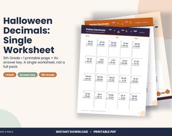 Peut inclure: Une fiche d'exercices de mathématiques intitulée Potion Decimals avec des additions et soustractions de nombres décimaux. La page présente un en-tête violet foncé avec des icônes d'Halloween et une grille blanche pour les calculs.