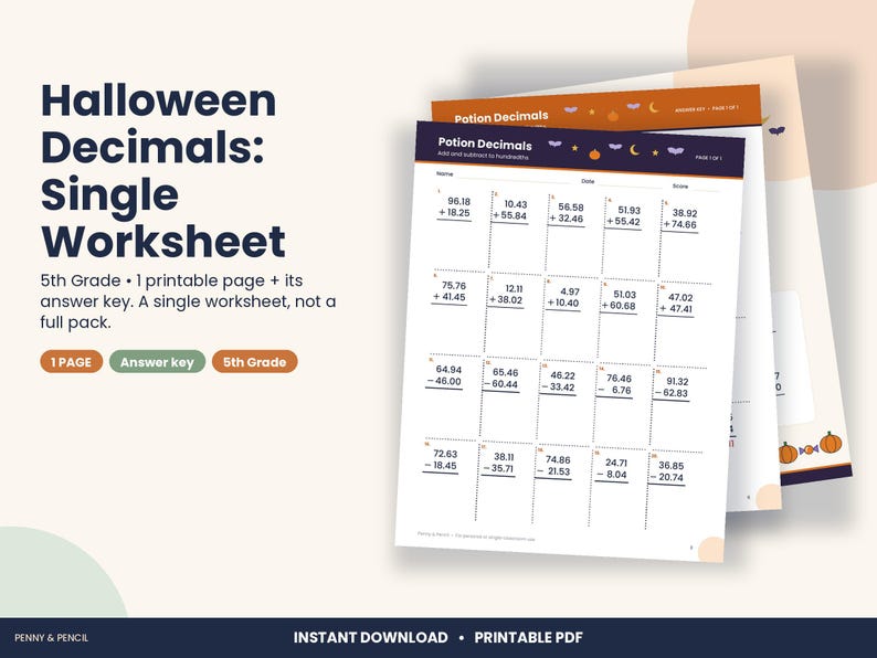 Halloween Decimals Worksheet, 5th Grade Add and Subtract Hundredths (PDF Download) image 1