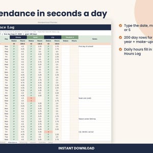Homeschool Planner Spreadsheet, Attendance and 180 Day Log for Excel & Google Sheets image 3