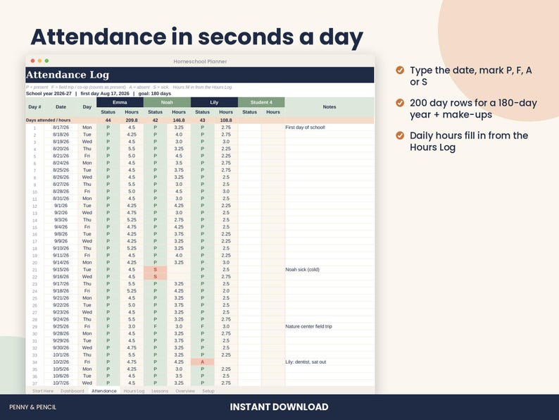 Homeschool Planner Spreadsheet, Attendance and 180 Day Log for Excel & Google Sheets image 3