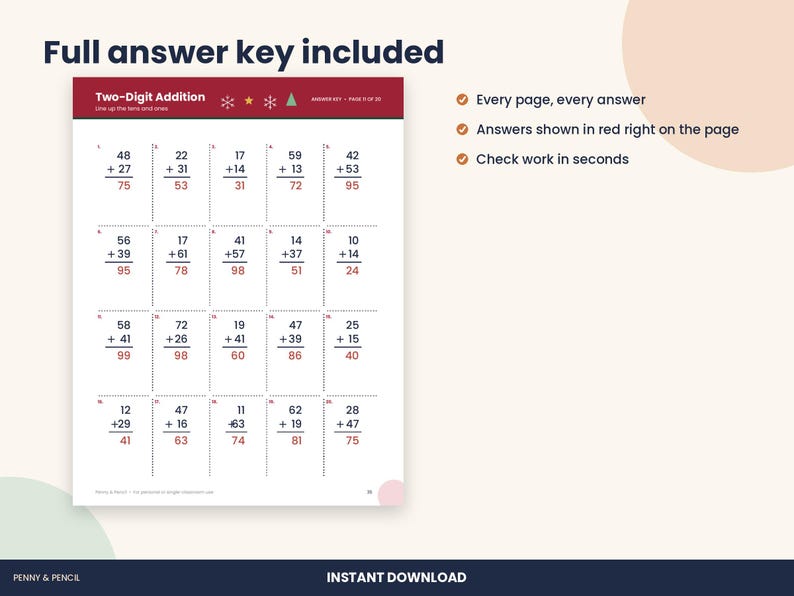 May include: A math worksheet titled Two-Digit Addition featuring twenty vertical addition problems arranged in a grid. Each problem includes two-digit numbers with the sum printed in red below a horizontal line. The page includes a header.