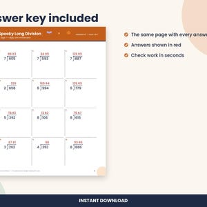 Peut inclure: Une feuille d'exercices &eacute;ducative blanche intitul&eacute;e Spooky Long Division avec un en-t&ecirc;te orange fonc&eacute;. La page contient douze probl&egrave;mes de division pos&eacute;s en grille, avec toutes les r&eacute;ponses math&eacute;matiques imprim&eacute;es en rouge.