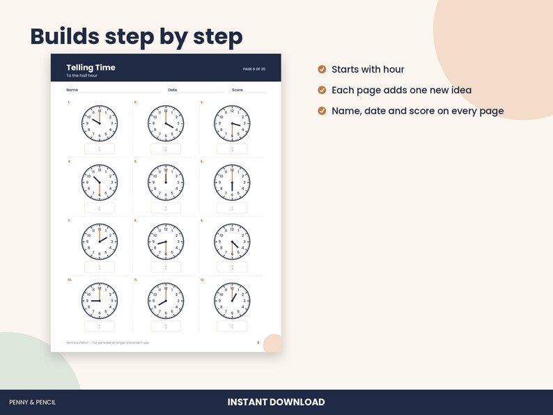 Telling Time Worksheets, 1st to 3rd Grade, 20 Pages with Answer Key (PDF Download) image 2