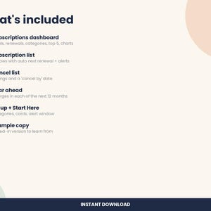 May include: A digital information graphic titled What's included, listing six features: Subscriptions dashboard, Subscription list with 60 rows, Cancel list, Year ahead, Setup + Start Here, and Example copy, with Penny & Pencil branding.