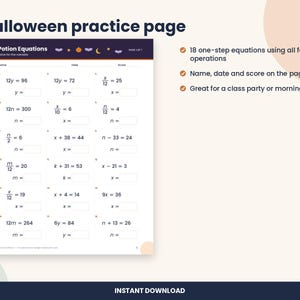 Op de afbeelding: Een Halloween-oefenblad getiteld Potion Equations met 18 wiskundige vergelijkingen in &eacute;&eacute;n stap met vier bewerkingen. Het werkblad bevat ruimtes voor naam, datum en score, met een donkere koptekst versierd met vleermuizen, een pompoen en een maan.
