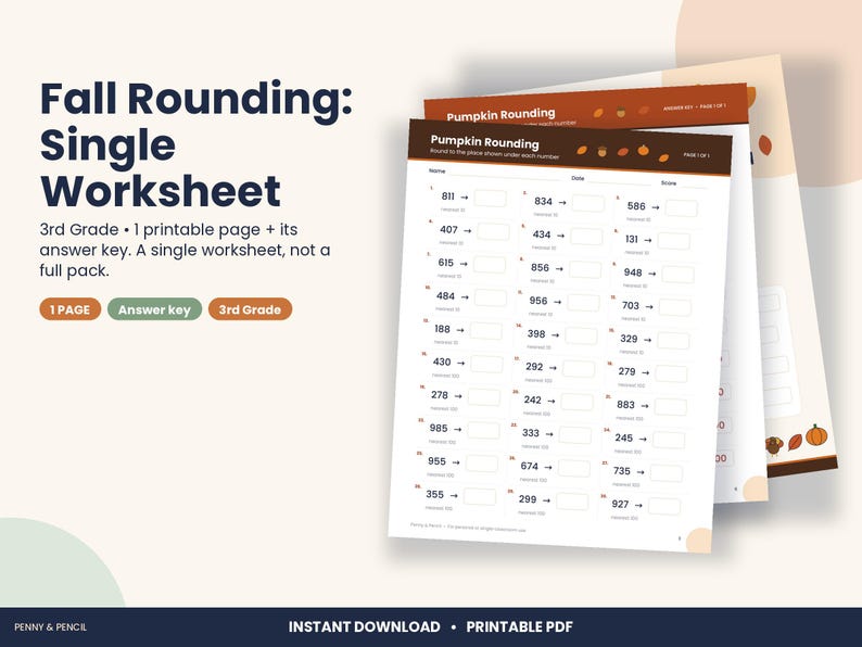 Thanksgiving Rounding Worksheet, 3rd Grade Nearest 10 and 100 (PDF Download) image 1