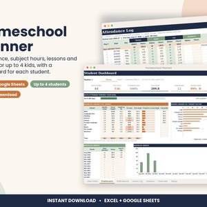 Homeschool Planner Spreadsheet, Attendance and 180 Day Log for Excel & Google Sheets