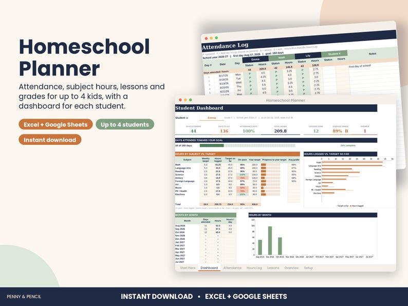Homeschool Planner Spreadsheet, Attendance and 180 Day Log for Excel & Google Sheets image 1