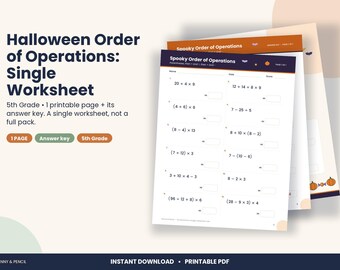 Peut inclure: Une fiche d'exercices de mathématiques imprimable intitulée Spooky Order of Operations avec des graphismes sur le thème d'Halloween comme des citrouilles et des chauves-souris. Elle contient dix expressions numériques et un corrigé.