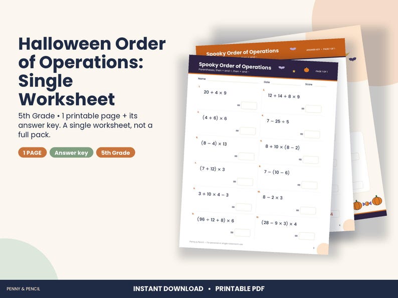 Halloween Order of Operations Worksheet, 5th Grade Math (PDF Download) image 1