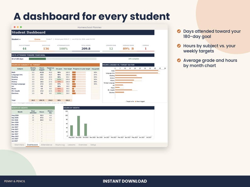 Homeschool Planner Spreadsheet, Attendance and 180 Day Log for Excel & Google Sheets image 2