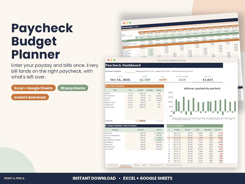 Paycheck Budget Planner Spreadsheet, Biweekly Budget for Excel & Google Sheets image 1