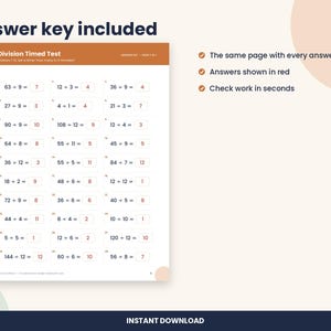 3rd Grade Division Facts Timed Test Worksheet (PDF Download) image 3