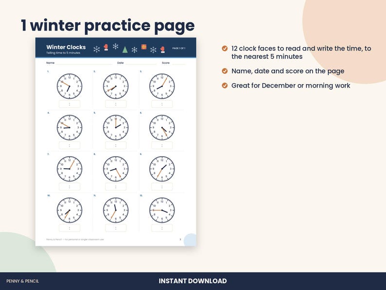 Christmas Telling Time Worksheet, 2nd Grade Winter Math (PDF Download) image 2