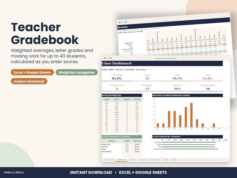 Teacher Gradebook Spreadsheet, Weighted Grade Calculator for Excel & Google Sheets Bild 1
