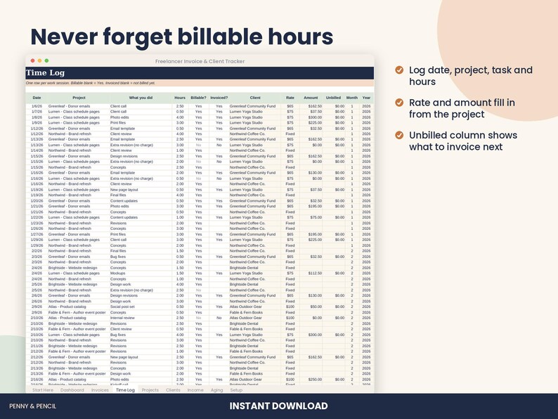 Freelancer Invoice Tracker Spreadsheet, Clients and Time Log for Excel & Google Sheets image 4